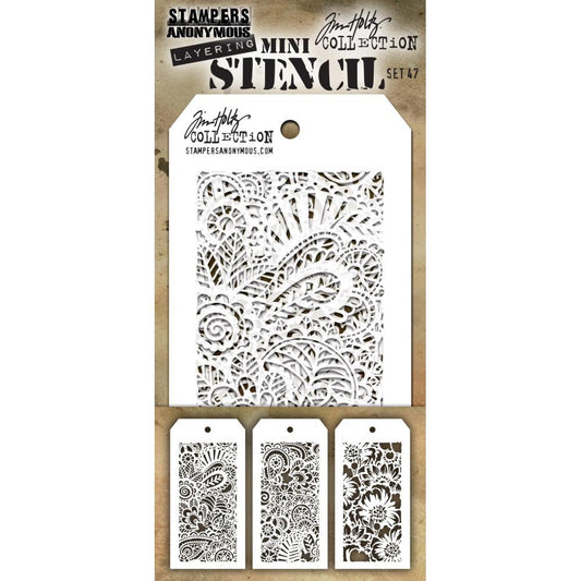 Doodle Art 1 - Doodle Art 2 - Bouquet ... Set no. 47 - Tim Holtz Layering Mini Stencils. Each stencil is 8cm x 16cm with a design space of approx 6cm x 12.5cm. Pack of 3, one of each design.   Doodle Art 1 ... a gorgeous floral tangle, folk art style pattern, with paisley, leaves and flowers. Doodle Art 2 ... another gorgeous floral tangle, folk art style pattern, with paisley, leaves and flowers. Bouquet ... features the top view of a gorgeous bunch of flowers with large two-toned petals.