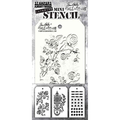 Set 53 - Mini Layering Stencils by Tim Holtz ... 3 (three) designs - Marked, Thorned, Crest. One of each, approx 8cm x 16cm in size. (MTS052) by Stampers Anonymous.  A beautiful set of three small stencils (8cm x 16cm tag), with organic brushstroke marks (Markings), beautiful bouquet of flowers in an urn with garland (Crest), and gorgeous pair of thorny rose branches (Thorned). 