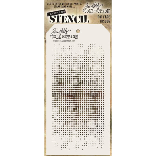 Dot Fade ... layering stencil by Tim Holtz (THS006) . Stencil size: 4" x 8 1/2".  This fab&nbsp;Tim Holtz layering stencil&nbsp;features the&nbsp;a fairly uniform pattern of dots that vary in size from tiny in the upper and lower sides into the larger spots&nbsp;in the middle. The largest holes are approx&nbsp;2mm wide.  Create layers of colour and texture using this stencil with a wide variety of art supplies - paints, pastels, markers, pencils, gesso, texture paste