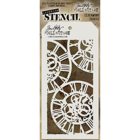 Clockwork ... layering stencil by Tim Holtz (THS013). Overall Stencil size: 4" x 8 1/2". This Tim Holtz Layering Stencil features a steampunk style design of 3 large vintage clock faces with Roman numerals placed together over the stencil area. Within the centre circle of each clock face is a design inspired by the cogs and gears of a working timepiece.