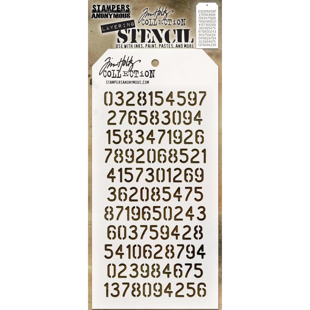 Digits ... layering art stencil by Tim Holtz (THS145). Stencil tag shape size: 4" x 8 1/2". A wonderfully versatile stencil for adding texture and interest into the background or areas of artwork. Rows and rows of numbers (numerals, digits) are covering the whole area of this stencil. The font is a simple typestyle.