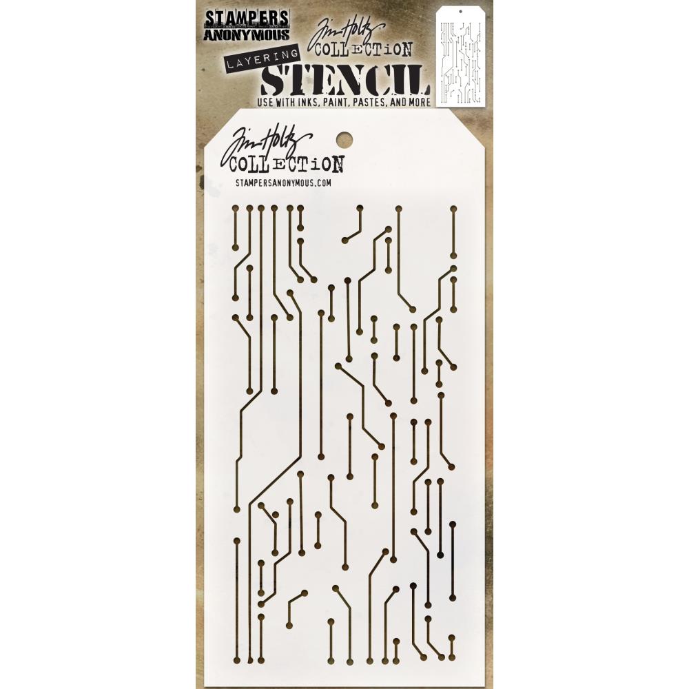 Circuit design - Tim Holtz Layering Art Stencil for Mixed Media. THS146 . A fabulously versatile stencil for adding texture and interest into the background or areas of artwork. This pattern lends itself to so many thoughts - train lines, circuit board on a computer or transistor radio, trackmarks in the sand... the imagination is a wonderful thing!