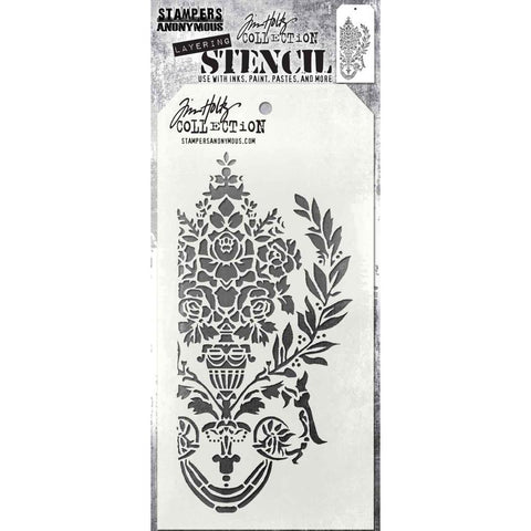 Crest - Layering Stencil by Tim Holtz ... floral display with urn, garland and bouquet. Made by Stampers Anonymous (THS161), tag is approx 4" x 8 1/2" in size.
