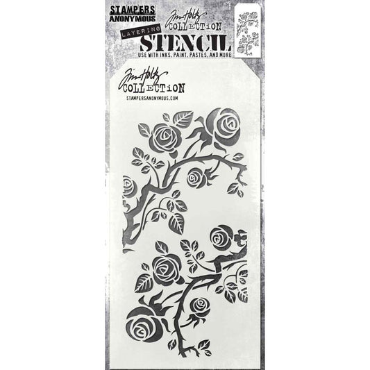 Thorned - Layering Stencil by Tim Holtz ... rose branches with leaves and thorns. Made by Stampers Anonymous (THS162), tag is approx 4" x 8 1/2" in size.