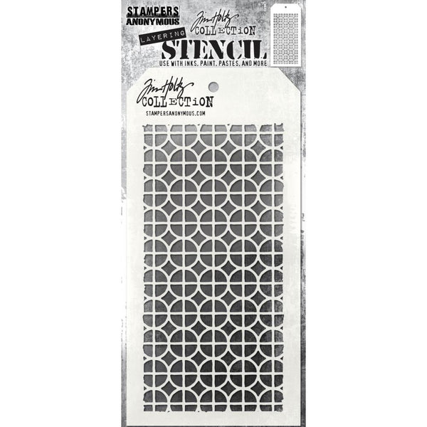 Focus - Layering Stencil by Tim Holtz ... approx 4" x 8 1/2" in size. (THS158). Overlapping squares and circles to form a tiled pattern or grid.