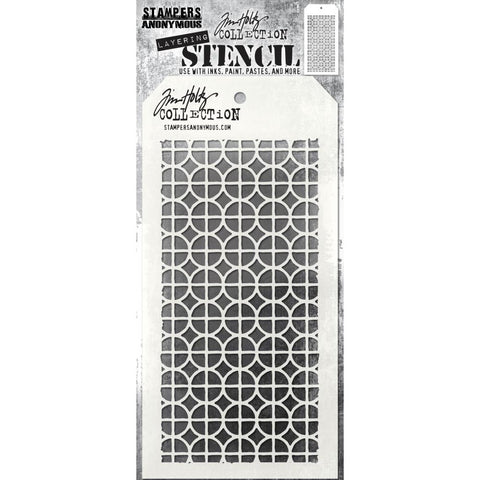 Focus - Layering Stencil by Tim Holtz ... approx 4" x 8 1/2" in size. (THS158). Overlapping squares and circles to form a tiled pattern or grid.