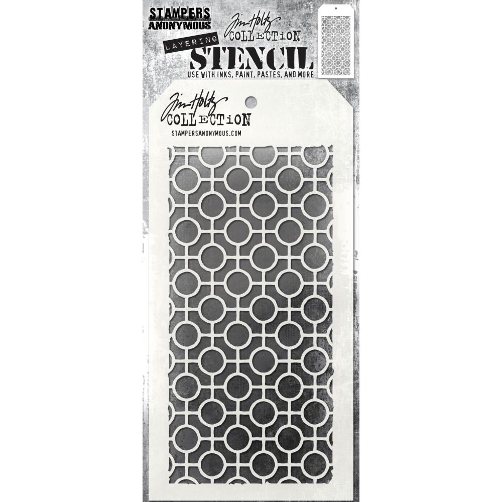 Linked Circles - Layering Stencil by Tim Holtz ... approx 4" x 8 1/2" in size. (THS159). Rows of little rings joined by lines to form a grid.