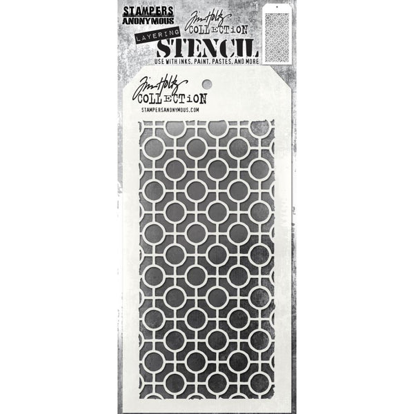 Linked Circles - Layering Stencil by Tim Holtz ... approx 4" x 8 1/2" in size. (THS159). Rows of little rings joined by lines to form a grid.