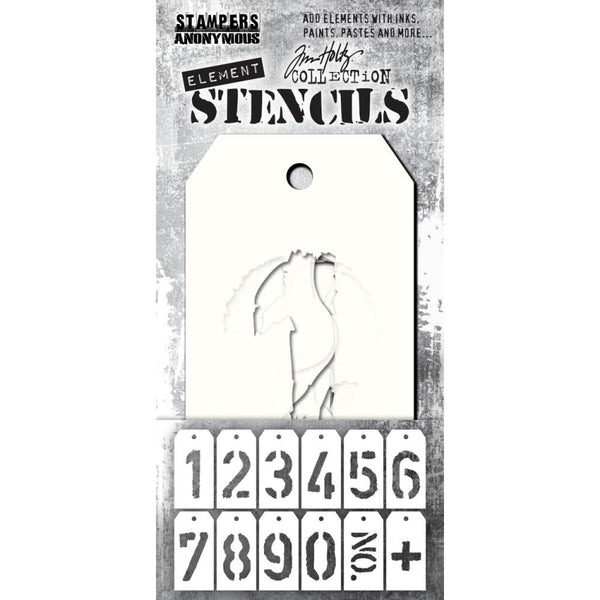 Freight - Elements Layering Stencils by Tim Holtz ... 12 (twelve) stencils, each approx 2 3/8" x 4 3/4" (6cm x 12cm) in size. Set includes 10 numerals, 1 "no." and 1 plus sign (THEST002)