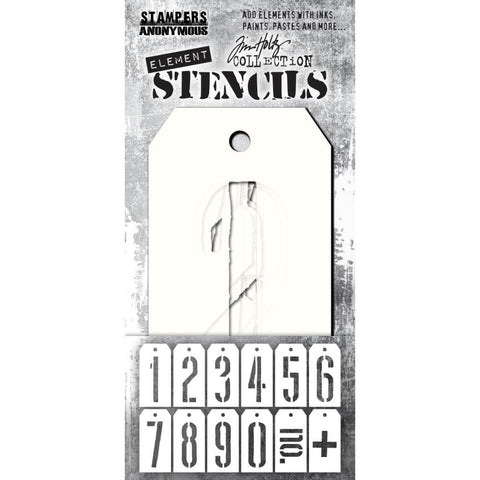 Mechanical - Elements Layering Stencils by Tim Holtz ... 12 (twelve) stencils, each approx 2 3/8" x 4 3/4" (6cm x 12cm) in size. Set includes 10 numerals, 1 "no." and 1 plus sign in a traditional stencil typeface (THEST001).