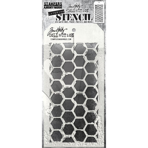 Brush Hex - Layering Stencil by Tim Holtz ... organic inky honeycomb hexagon pattern. Made by Stampers Anonymous (THS166), tag is approx 4" x 8 1/2" in size.  This fantastic versatile pattern is great for backgrounds, filling areas with inky honeycomb patterns, giving bees a home in your artwork, adding organic shaped hexagon netting, having fun with patterns...!
