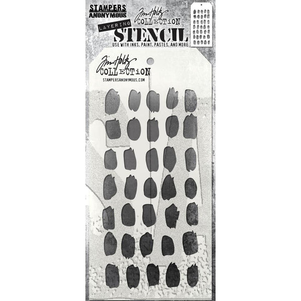Brush Mark - Layering Stencil by Tim Holtz ... organic inky splotches. Made by Stampers Anonymous (THS167), tag is approx 4" x 8 1/2" in size.  This fantastic versatile pattern is great for backgrounds, filling areas with inky marks, adding splotches, making marks with a brush, creating palette swatches. 