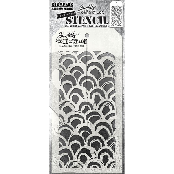 Brush Arch - Layering Stencil by Tim Holtz ... organic inky arches. Made by Stampers Anonymous (THS168), tag is approx 4" x 8 1/2" in size.  What do you see in this fantastic pattern? I see retro rainbows, waves in an ocean, cloudy skies (upside down), leafy shrubs ... this wonderful design could be whatever you want - even a textured patten in the background with no name :) You do You!