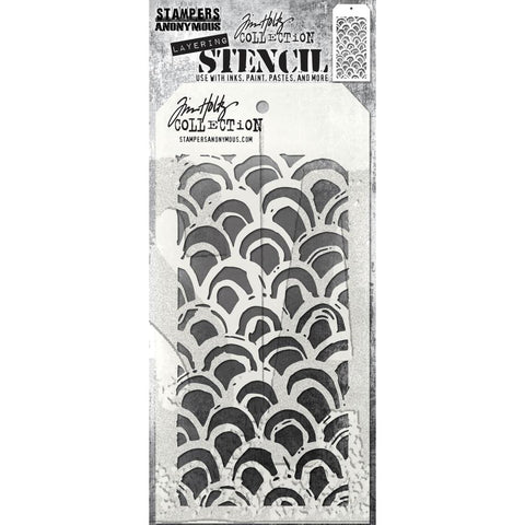 Brush Arch - Layering Stencil by Tim Holtz ... organic inky arches. Made by Stampers Anonymous (THS168), tag is approx 4" x 8 1/2" in size.  What do you see in this fantastic pattern? I see retro rainbows, waves in an ocean, cloudy skies (upside down), leafy shrubs ... this wonderful design could be whatever you want - even a textured patten in the background with no name :) You do You!