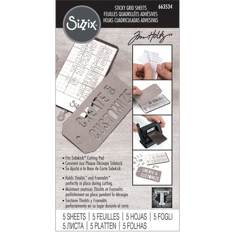 Small Sticky Grid Sheets - by Sizzix. Pack of 5 (five) pieces, each 2 1/2" x 4 1/4". Double sided low tack, temporary adhesive sheets. Reusable, versatile and long lasting.  Sizzix Sticky Grid Sheets are a double sided sheet with low tack temporary adhesive on each side. They are designed to hold die cutting templates like Thinlits and Framelits firmly in place, enabling you to cut out the same shape or word multiple times without the dies shifting while in use. 