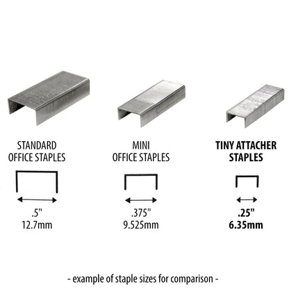 Tiny Attacher (stapler) ... by Tim Holtz - a tool for fastening or affixing layers together with miniature staples. 1 (one) hand held stapler with 2 strips (90 pieces) of staples.   Tim's Idea-Ology Tiny Attacher is a versatile way to fasten those hard to glue down items. The Tiny Attacher is a sturdy, durable, easy to squeeze stapler, a similar size to a regular office stapler. Comparison of size photo.