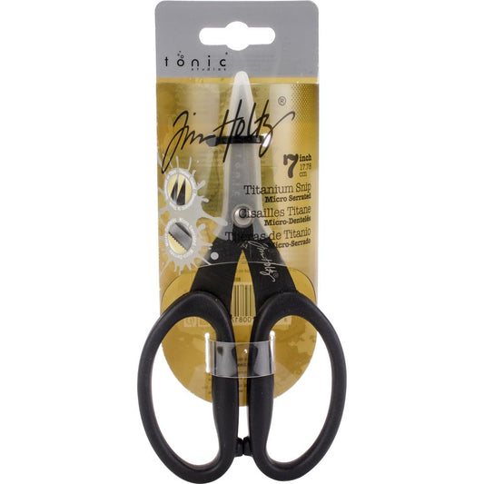 7 inch Snips, Scissors by Tim Holtz and Tonic Studios ... Strong and Sharp, Durable, Non-Stick, Titanium Micro-Serrated Blades, large ergonomic handles. Exceptional, versatile and strong scissors have a duo-blade feature (one micro serrated blade and one very sharp blade) making them excellent scissors for cutting all types of materials including plastic packaging, rubber, fabrics, cork, wire and thin sheet metal. Plus the usuals we use every day like paper, card, kraft and acetate.