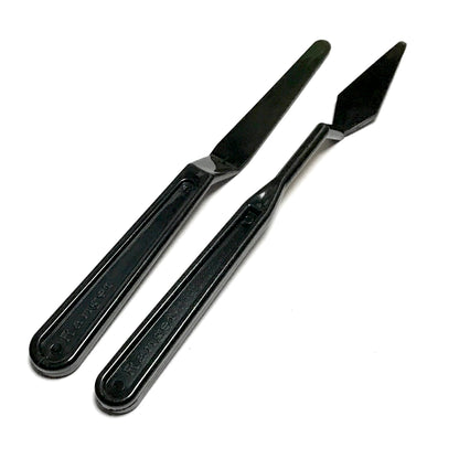 Palette Knife Set ... Tim Holtz and Ranger - 2 (two) painting knives made of black plastic. Tools for mixed media, papercrafts, visual arts and painting.  Tim Holtz Spatulas are such versatile tools for any project using any type of texture pastes, mediums and paints. Each of the palette knives are made from a durable, single-moulded black plastic. They are light, flexible and easy to hold and use.  Sizes (approx) are from 7" to 7 1/2" long. Photo showing 2 (two) plastic palette knives.