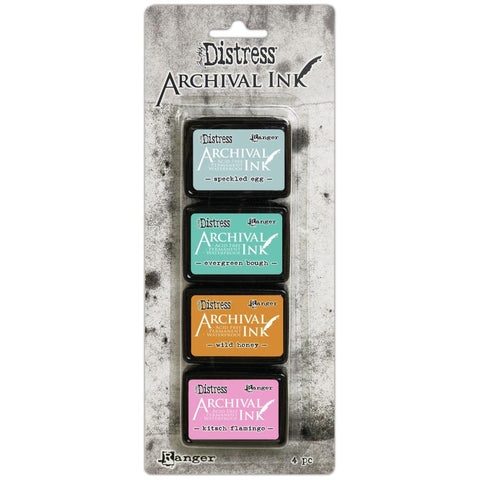 Kit 4 - Tim Holtz Distress Archival Mini Ink Pads ... by Ranger. Set of 4 (four) colours. Speckled Egg, Evergreen Bough, Wild Honey, Kitsch Flamingo.
