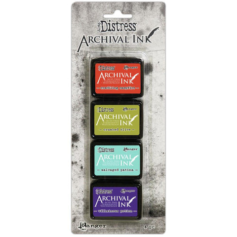 Kit 5 - Tim Holtz Distress Archival Mini Ink Pads ... by Ranger. Set of 4 (four) colours. Crackling Campfire, Crushed Olive, Salvaged Patina, Villainous Potion.