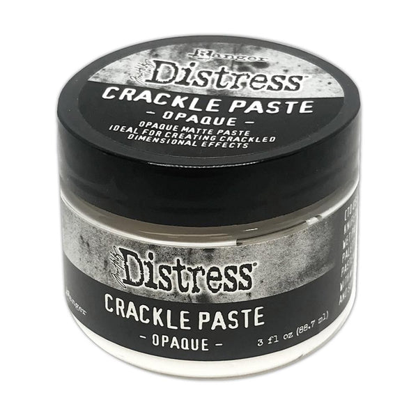 Crackle Paste, Opaque - Tim Holtz Distress 3D Dimensional Medium with crackly white coverage and matte finish, 3fl oz (88.7ml) jar. Made by Ranger.  Tim Holtz Distress Crackle Texture Paste is a dimensional medium. It dries as you place it, with all the marks, peaks and effects you create plus a crackled crazy effect