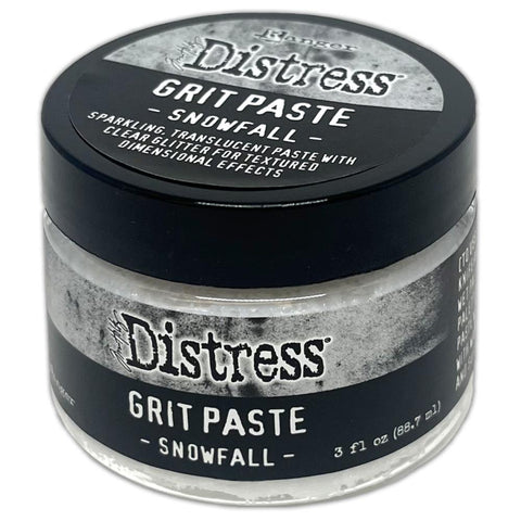 Grit Paste - Snowfall, Cloudy White Sparkly and Semi-Translucent - by Tim Holtz Distress ... dimensional texturised medium for paper crafts and visual arts, 3 fl oz (88.7ml) jar. Made by Ranger.  Snowfall is a sparkly white semi-translucent (cloudy but sort of see through) texture paste with white and shimmery flecks, designed for creativity and mixed media.