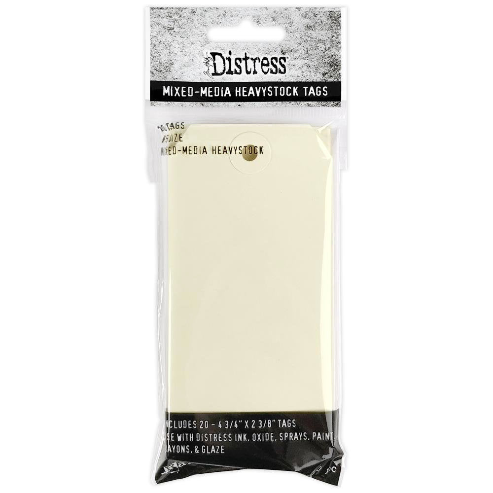 No.5 Tags ... Mixed Media Heavystock Tags - by Tim Holtz Distress ... Size 5 are made of a durable 110 lb heavyweight cardstock, 2 3/8" x 4 3/4" in size with reinforced holes and trimmed top corners. Pack of 20 creamy white tags.