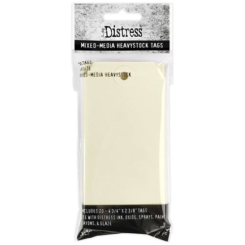No.5 Tags ... Mixed Media Heavystock Tags - by Tim Holtz Distress ... Size 5 are made of a durable 110 lb heavyweight cardstock, 2 3/8" x 4 3/4" in size with reinforced holes and trimmed top corners. Pack of 20 creamy white tags.