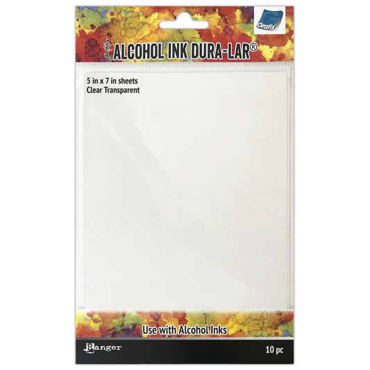 Dura-Lar Clear - Tim Holtz Clear Film by Grafix ... 5"x7" (12.7cm x 17.7cm), 10 sheets of totally transparent versatile substrate for mixed media, stamping for layered effects, alcohol inks, all kinds of creativity. Tim Holtz branded Dura-Lar Clear (by Grafix) is a versatile surface suited for permanent inks and mixed media techniques. Dura-Lar Clear is a transparent film with a 110lb cover weight (0.10 inch), is heat tolerant, packed in convenient 5x7 inch sheets which resist buckling when wet.