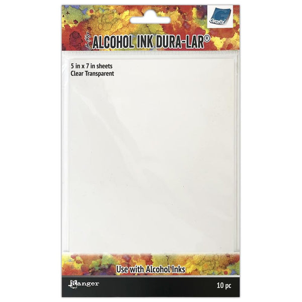 Dura-Lar Clear - Tim Holtz Alcohol Ink Paper by Grafix ... 5"x7" (12.7cm x 17.7cm), 10 sheets of clear substrate for all kinds of creativity.   Tim Holtz branded Dura-Lar Clear (by Grafix) is a versatile surface suited for permanent inks and mixed media techniques. Dura-Lar Clear is a transparent film with a 110lb cover weight (0.10 inch) that is heat tolerant, is packed in convenient 5x7 inch sheets which resist buckling when wet.