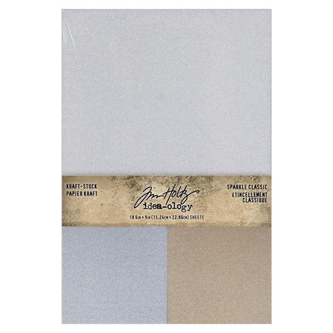 Sparkle Classic - Kraft Stock - 6"x9" ... Idea-Ology Paper by Tim Holtz. Sheets of glittery metallic cardstock that can be sanded or altered to reveal the foundation made of a Kraft (natural brown) core. 18 Sheets, 2 Colours (9 of each, Gold and Silver) with a smooth sparkly finish. TH94315