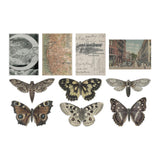 Transparent Acetate Things in a pack ... by Tim Holtz (Idea-Ology) - Die Cut Acetate Ephemera for Papercrafts - background pieces and large wings of butterflies, moths, the moon, a map, streetscene and more. Photo showing an example of designs. Designed by Tim Holtz and Advantus Corp. TH94241.