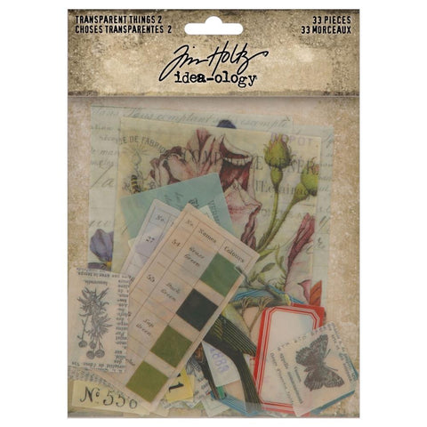 Transparent Things, volume 2 ... Idea-Ology Layers by Tim Holtz ... variety of vintage imagery printed on acetate to use as embellishments for decorations, mixed media, cardmaking, papercraft, scrapbooking and visual arts. 33 (thirty three) pieces. TH94327
