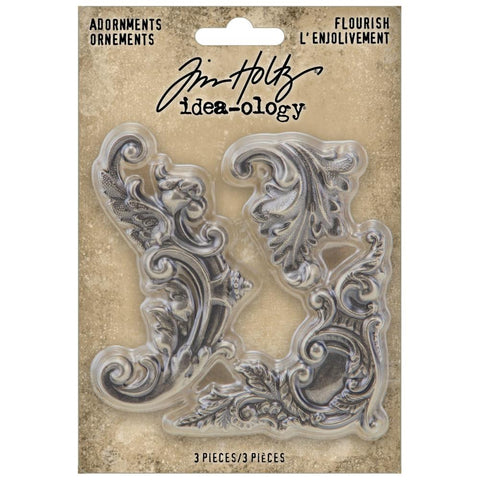 Flourish, Metal Adornments ... by Tim Holtz Idea-Ology - Use these stunning silver coloured embellishments for mixed media, assemblage projects, off-the-page marvels and party decor. 3 (three) pieces, 1 (one) of each design. 