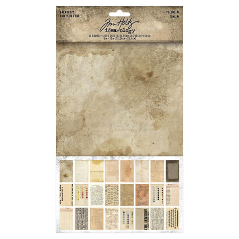 Backdrops (volume 4) - Idea-Ology by Tim Holtz ... a wonderful eclectic collection of printed memorabilia papers. 24 sheets of double sided cardstock with a smooth matte finish. Sheet size is 6"x10".  Backdrops by Tim Holtz, is a collection of smooth matte paper (cardstock) printed on both sides with designs inspired by salvaged antiques and vintage memorabilia.