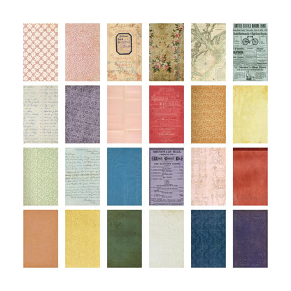 Backdrops (volume 5) - Idea-Ology by Tim Holtz ... a wonderful eclectic collection of printed memorabilia papers in vibrant range of colours. Double sided cardstock with a smooth matte finish. Sheet size is 6"x10". 24 (twenty four) sheets, each with a different design (total of 48 designs). TH94309. Photo of the back patterns..