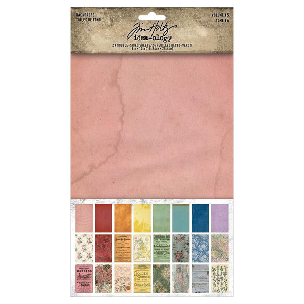 Backdrops (volume 5) - Idea-Ology by Tim Holtz ... a wonderful eclectic collection of printed memorabilia papers in vibrant range of colours. Double sided cardstock with a smooth matte finish. Sheet size is 6"x10". 24 (twenty four) sheets, each with a different design (total of 48 designs).  TH94309