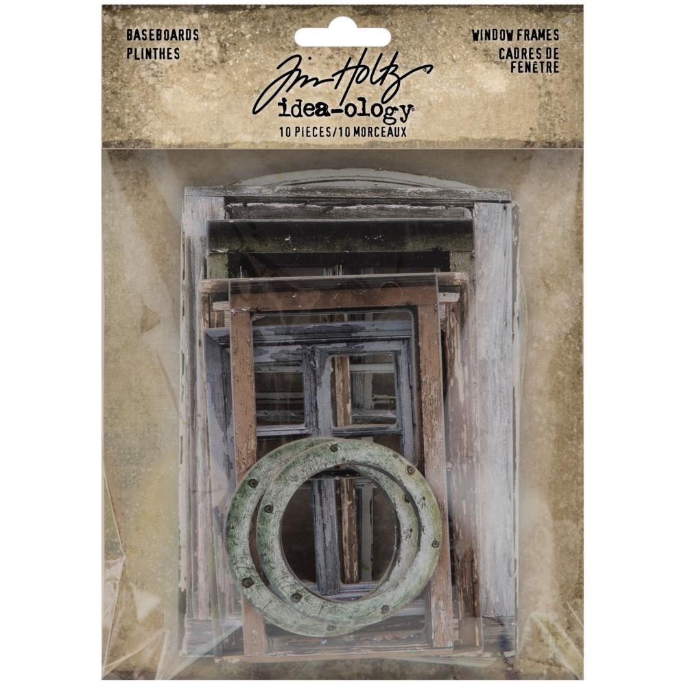 Baseboard Window Frames ... by Tim Holtz Idea-Ology - Pack of 10 sturdy chipboard die cut pieces in the style of vintage windows. Use for card making, assemblage projects, off-the-page marvels and party decor.  In a variety of sizes, these wonderfully realistic styled vintage frames include ship portholes, rustic rectangles with cross frames, an arched window and more. Colours are  realistic, neutral.