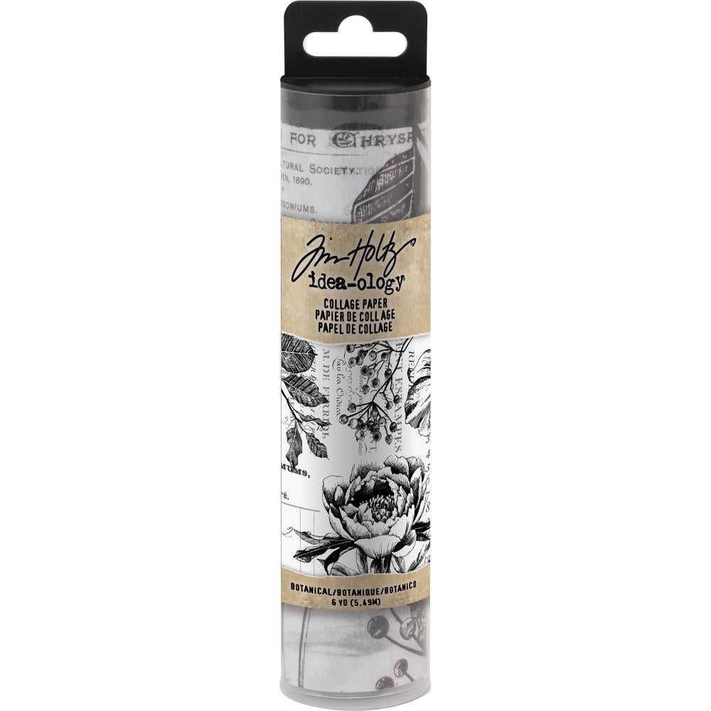 Botanical - Idea-Ology Collage Tissue Paper by Tim Holtz ... for mixed media, cards, decoupage and other creative pursuits. 6 inch wide, 6 yard roll. TH93705. A continuous sheet of printed, translucent tissue designed by Tim Holtz. This wonderful paper features gorgeous black and white flowers, foliage and text - elements inspired by a French garden to add interest for a background or used as a beautiful featured piece.