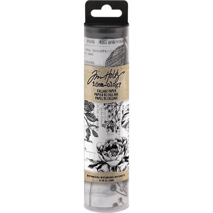 Botanical - Idea-Ology Collage Tissue Paper by Tim Holtz ... for mixed media, cards, decoupage and other creative pursuits. 6 inch wide, 6 yard roll. TH93705. A continuous sheet of printed, translucent tissue designed by Tim Holtz. This wonderful paper features gorgeous black and white flowers, foliage and text - elements inspired by a French garden to add interest for a background or used as a beautiful featured piece.