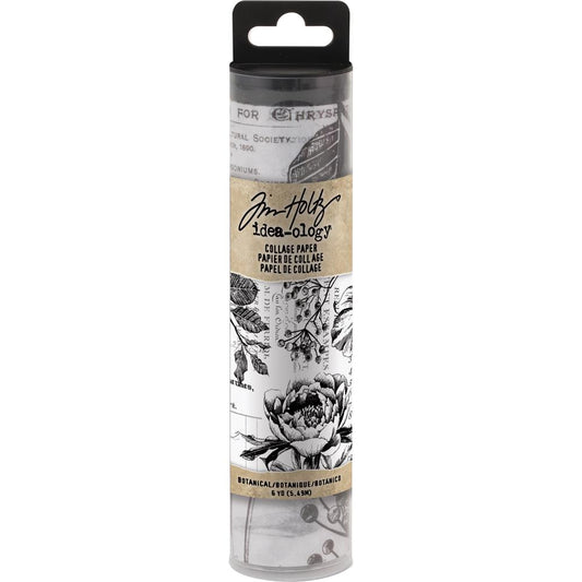Botanical - Idea-Ology Collage Tissue Paper by Tim Holtz ... for mixed media, cards, decoupage and other creative pursuits. 6 inch wide, 6 yard roll. TH93705. A continuous sheet of printed, translucent tissue designed by Tim Holtz. This wonderful paper features gorgeous black and white flowers, foliage and text - elements inspired by a French garden to add interest for a background or used as a beautiful featured piece.
