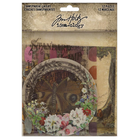 Transparent Layers ... Idea-Ology Layers by Tim Holtz ... variety of vintage imagery printed on clear acetate to use as embellishments for decorations, mixed media, cardmaking, papercraft, scrapbooking and visual arts. 12 (twelve) pieces featuring round floral frames, forest scene, butterflies, colourful swatch sheets and more. TH94326
