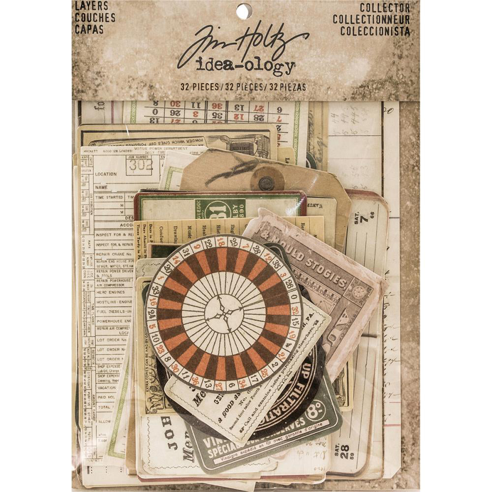 Collector - Idea-Ology Layers by Tim Holtz ... an eclectic selection of vintage labels, tags, salvaged papers, game cards and more. Pack of 32 (thirty two) pieces in beautiful vintage neutral colours and plain white on the back. Collector Idea-Ology die cut pieces are neatly trimmed out of quality smooth cardstock - ready to use at a moment's notice. This curated gathering includes stationery, diary page, tables, roulette table, ledgers, bingo or game cards, tags, vintage labels. TH93553 . Photo of the pack