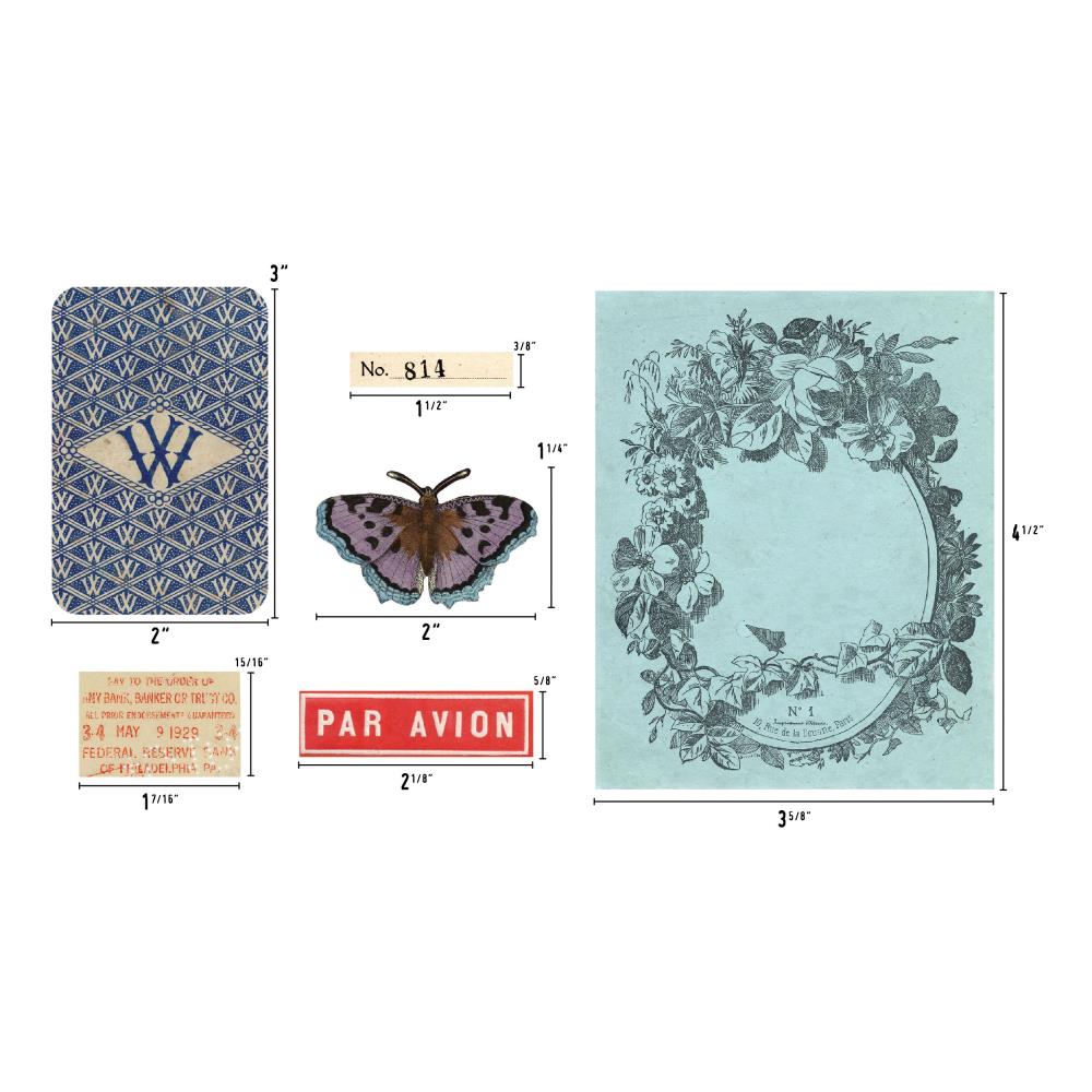 Palette - Ephemera ... Idea-Ology by Tim Holtz ... die cut printed paper embellishments for  mixed media, cardmaking, papercraft, scrapbooking and visual arts (135 pieces).   This beautiful collection of paper pieces features a curated selection of vintage imagery, flowers, tea cups, nature inspired patterns, typographical elements, labels, book pages, documents and other nostalgic images. TH94317. Image showing dimensions.