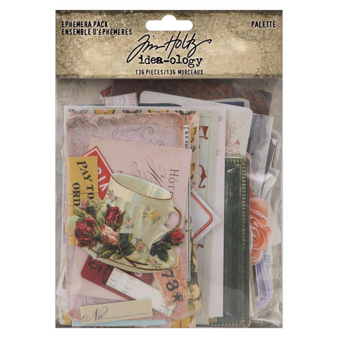 Palette - Ephemera ... Idea-Ology by Tim Holtz ... die cut paper embellishments for decorations, displays and ornaments, mixed media, cardmaking, papercraft, scrapbooking and visual arts (135 pieces).    This beautiful collection of paper pieces features a curated selection of vintage imagery, nature inspired patterns, typographical elements, labels, book pages, documents and other nostalgic images. TH94317