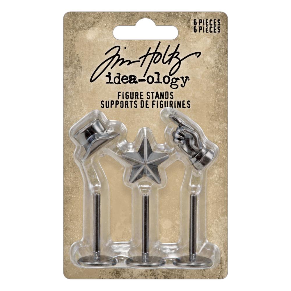 Figure Stands (set 1), Top Hat, Pointing Hand, Dimensional Star ... Idea-Ology Metal Adornments by Tim Holtz ... beautifully detailed silver coloured metal miniature pieces with stick bases to use as embellishments for display makes, mixed media, papercraft, scrapbooking and visual arts. 6 (six) pieces (3 figures and 3 stands), standing to 1 1/2" tall.TH94306
