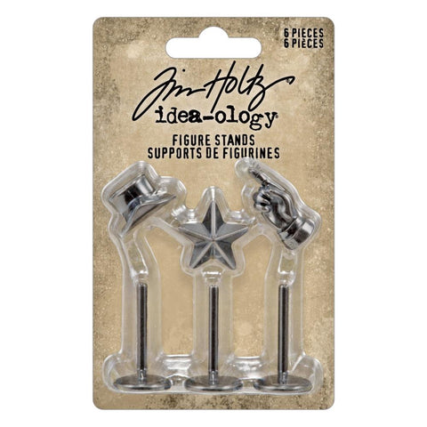 Figure Stands ... Idea-Ology Metal Adornments by Tim Holtz ... beautifully detailed silver coloured miniature stands made of metal to use as embellishments for display makes, mixed media, papercraft, scrapbooking and visual arts. 6 (six) pieces (3 figures and 3 stands), standing up to 1 1/2" tall. TH94306