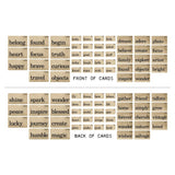 an overview of the Flashcards ... by Tim Holtz Idea-Ology - Double sided rectangular cards in 3 (three) sizes, with words, thoughts and ideas printed on each side in bold easy to read lettering. 45 cards with different words on each side.