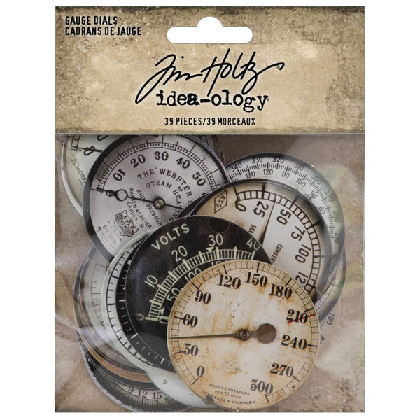 Gauge Dials ... by Tim Holtz Idea-Ology - 39 round printed heavyweight cardstock featuring vintage dials and guages. Each is 1.75" x 1.75" in size.  Gauge Dials are circles of printed cardstock featuring dials, timers, measuring gauges from various industrial machines and other salvaged finds by Tim Holtz.