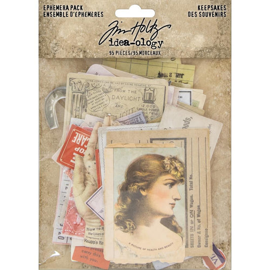 Keepsakes - Ephemera ... Tim Holtz Idea-Ology Paper Layers - an eclectic collection of printed memorabilia of found imagery from days gone by. 95 (ninety five) die cut, ready to use pieces. TH93958. This selection of beautiful designs includes a wonderful mix of vintage inspired die-cut pieces with designs of maps, airmail envelopes, flowers, portraits, labels, tickets, notes and a whole lot more. Each image is trimmed closely around each image, printed on high quality paper and cardstock.